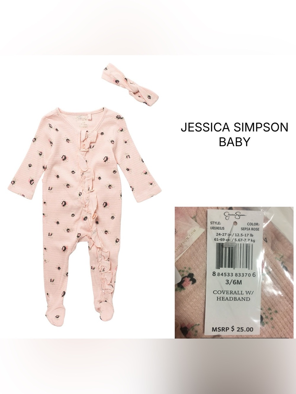 JESSICA SIMPSON BABY - 3/6M - NWT - 2PC PINK FLORAL SLEEPER AND HEADBAND